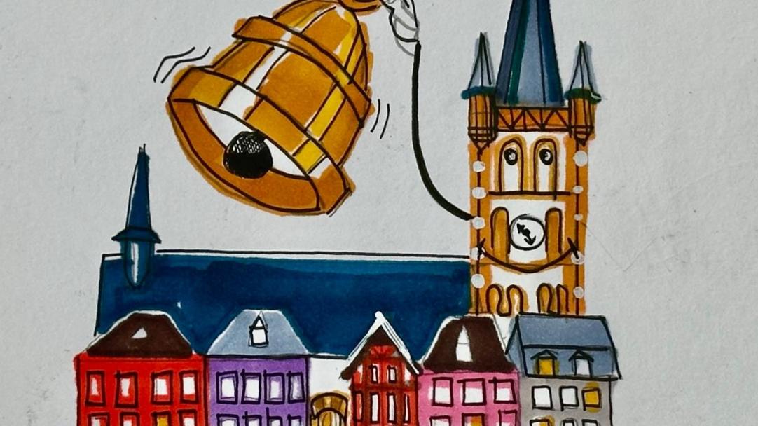 Zeichnung - übergroße Lumpenglocke rechts nebend dem Turm der St.Gangolf Kirche - hat der Trierer Künstler Roland Grundheber als Motiv für die Viezporz gestaltet