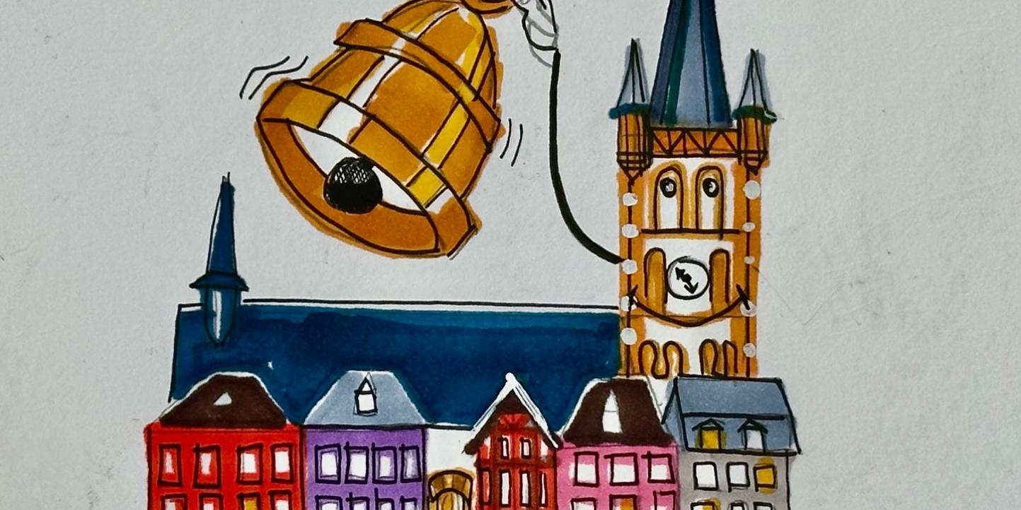 Zeichnung - übergroße Lumpenglocke rechts nebend dem Turm der St.Gangolf Kirche - hat der Trierer Künstler Roland Grundheber als Motiv für die Viezporz gestaltet